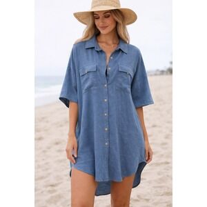 BSUBSEACH Button Down Tunic Swim Coverup Kaftan Coastal Vacation Beach Preppy